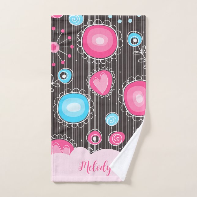 Whimsical pink blue hearts and flowers floral name hand towel  (Hand Towel)
