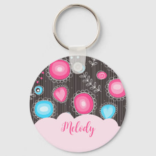Whimsical pink blue hearts and flowers floral name keychain