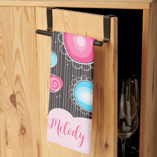 Whimsical pink blue hearts and flowers floral name kitchen towel (Thirds Fold)