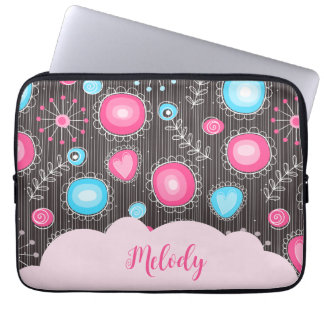 Whimsical pink blue hearts and flowers floral name laptop sleeve