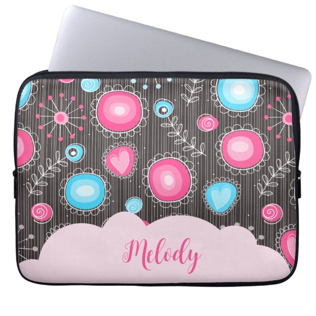 Whimsical pink blue hearts and flowers floral name laptop sleeve (Front)