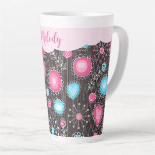Whimsical pink blue hearts and flowers floral name latte mug