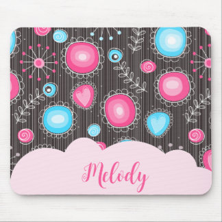 Whimsical pink blue hearts and flowers floral name mouse pad