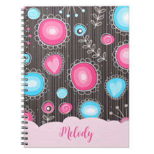 Whimsical pink blue hearts and flowers floral name notebook