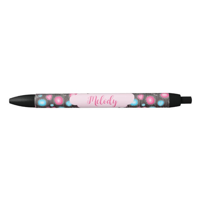 Whimsical pink blue hearts and flowers floral name pen (Front)