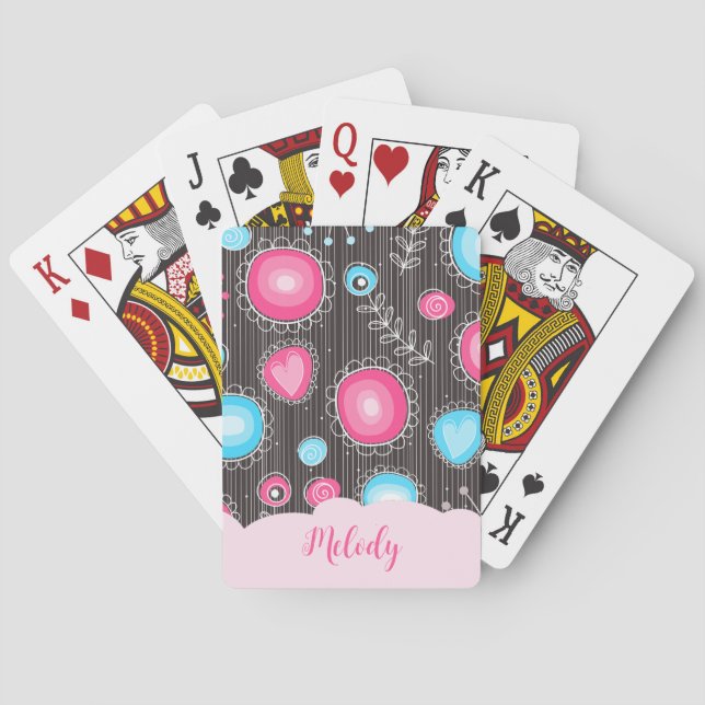 Whimsical pink blue hearts and flowers floral name poker cards (Back)