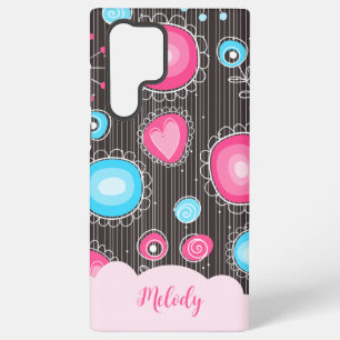 Whimsical pink blue hearts and flowers floral name samsung galaxy s22 ultra case