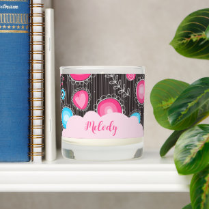 Whimsical pink blue hearts and flowers floral name scented candle