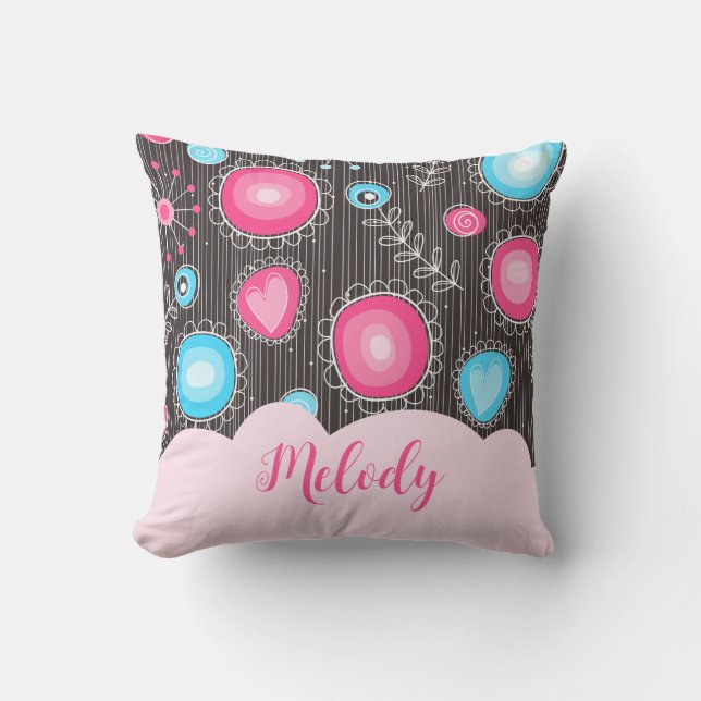 Whimsical pink blue hearts and flowers floral name throw pillow (Front)