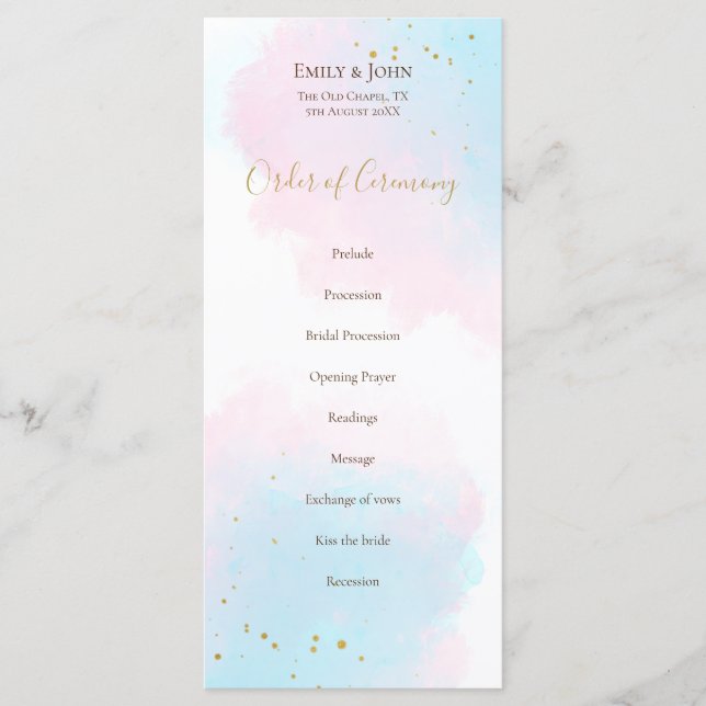 Whimsical Pink Blue Watercolors pastel Wedding Program (Front)