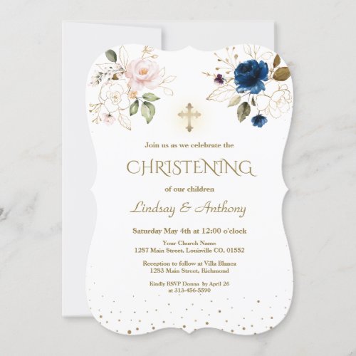 Whimsical Pink Blush Gold Floral Twins Christening Invitation