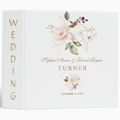 Whimsical Pink Blush Gold Floral Wedding Album 3 Ring Binder