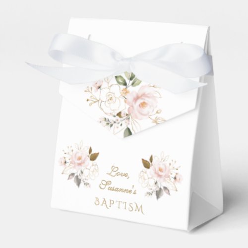 Whimsical Pink Blush Gold Flowers Monogram Baptism Favor Boxes