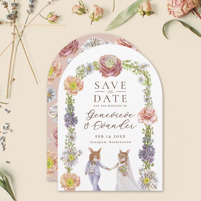 Whimsical Pink Boho Bunny Love Floral Wedding Save The Date (Illustrated bunny rabbit themed arched wedding save the date flat cards with watercolor flowers)