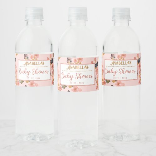 Whimsical Pink Boho Butterfly Girl Baby Shower  Water Bottle Label