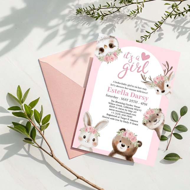 Whimsical Pink Boho Woodland Girl Baby Shower Invitation (Creator Uploaded)