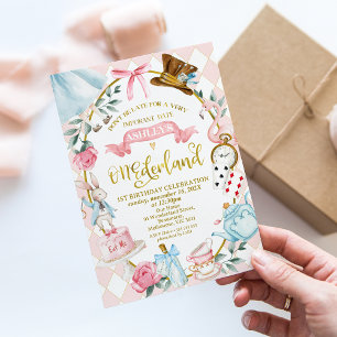 Whimsical Pink Bow Alice Onederland 1st Birthday Invitation