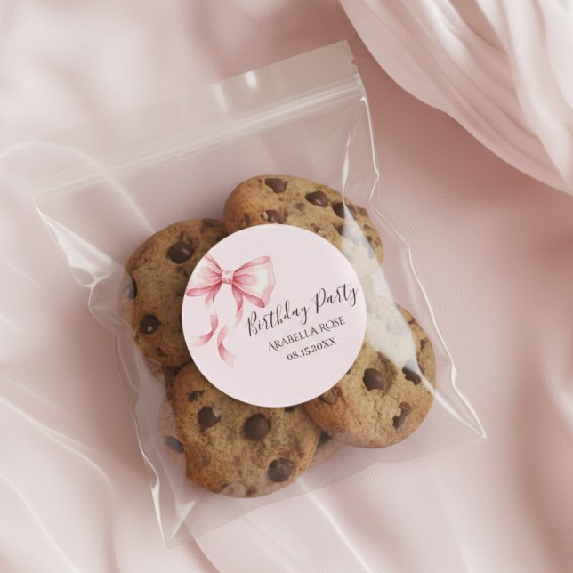 Whimsical Pink Bow Birthday Party Classic Round Sticker (Creator Uploaded)