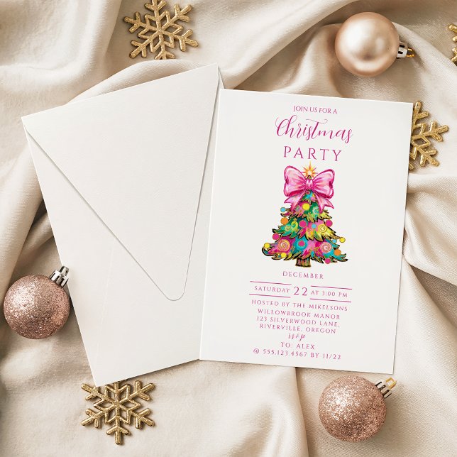 Whimsical Pink Bow Christmas Tree Invitation (Creator Uploaded)