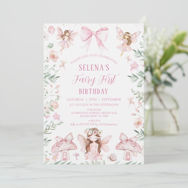 Whimsical Pink Bow Fairy First Birthday Birthday Invitation (Standing Front)