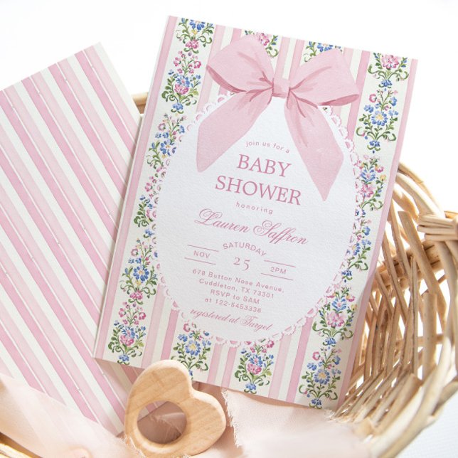 Whimsical Pink Bow Floral Baby Shower Invitation (Creator Uploaded)