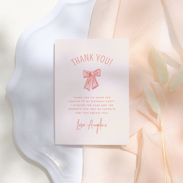 Whimsical Pink Bow Girl Birthday Thank You Card (Creator Uploaded)