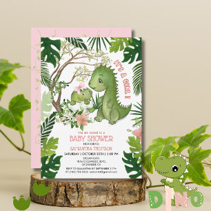 Whimsical Pink Bow Girl Dinosaur Baby Shower Invitation