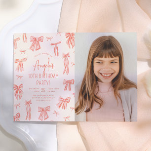 Whimsical Pink Bow Girl Photo Birthday Invitation