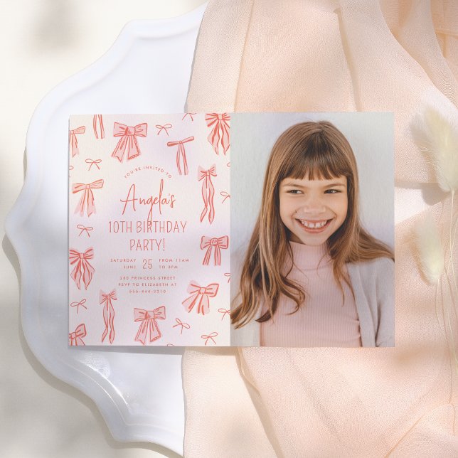 Whimsical Pink Bow Girl Photo Birthday Invitation (Creator Uploaded)