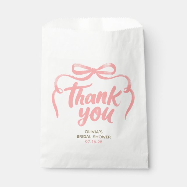 Whimsical Pink Bow Handwritten Bridal Thank You Favor Bag (Front)