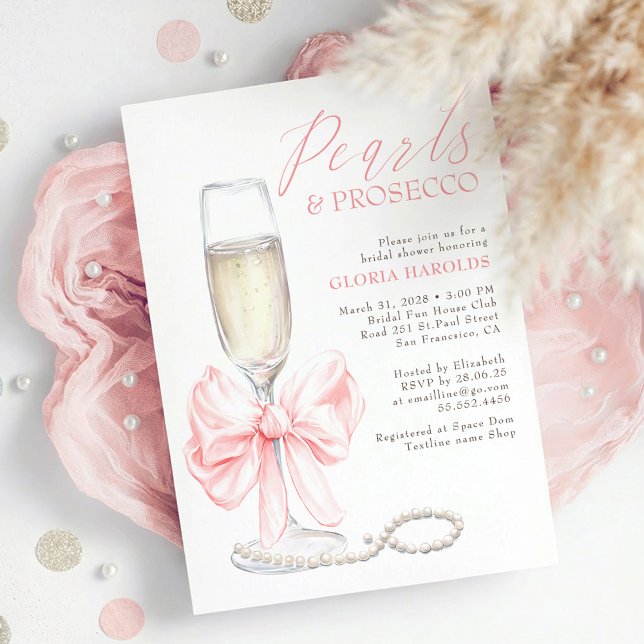 Whimsical Pink Bow Pearls & Prosecco Bridal Shower Invitation (Pink Bow Pearls and Prosecco Elegant Romantic Bridal Shower Invitation)