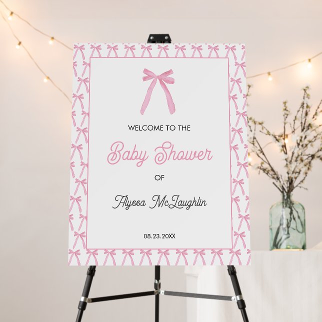 Whimsical Pink Bow Ribbon Baby Shower Welcome sign (In Situ (Stand))