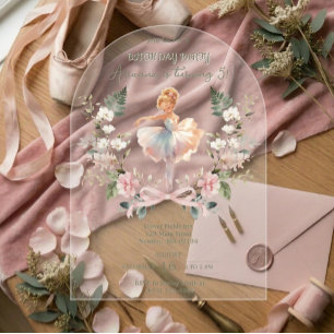 Whimsical Pink Bow & Watercolor Ballerina Birthday Acrylic Invitations