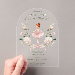 Whimsical Pink Bow & Watercolor Ballerina Birthday Acrylic Invitations