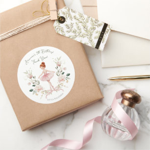 Whimsical Pink Bow & Watercolor Ballerina Birthday Classic Round Sticker
