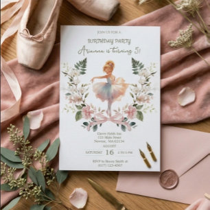 Whimsical Pink Bow & Watercolor Ballerina Birthday Invitation