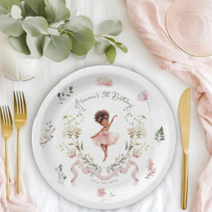 Whimsical Pink Bow & Watercolor Ballerina Birthday Paper Plates