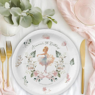 Whimsical Pink Bow & Watercolor Ballerina Birthday Paper Plates