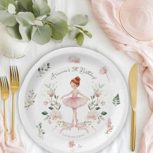 Whimsical Pink Bow & Watercolor Ballerina Birthday Paper Plates