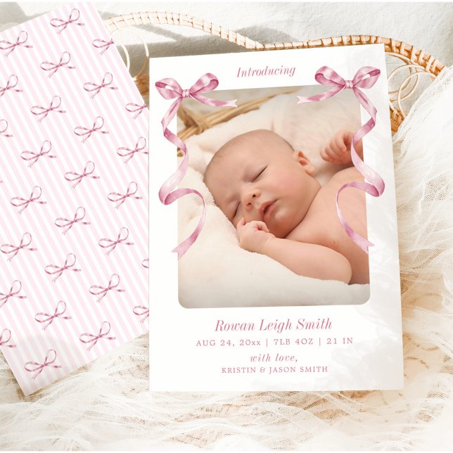 Whimsical Pink Bows Baby Birth Announcement (Creator Uploaded)