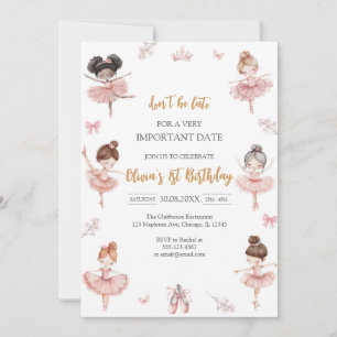 Whimsical Pink Brown Bows Ballerina Birthday Invitation