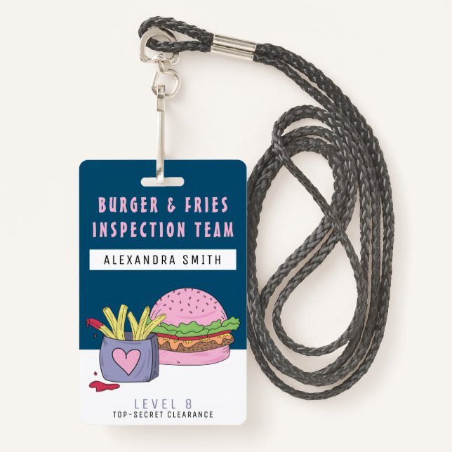 Whimsical Pink Burger and Fries Birthday Party Badge (Front with Lanyard)