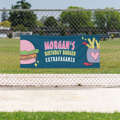 Whimsical Pink Burger and Fries Birthday Party Banner