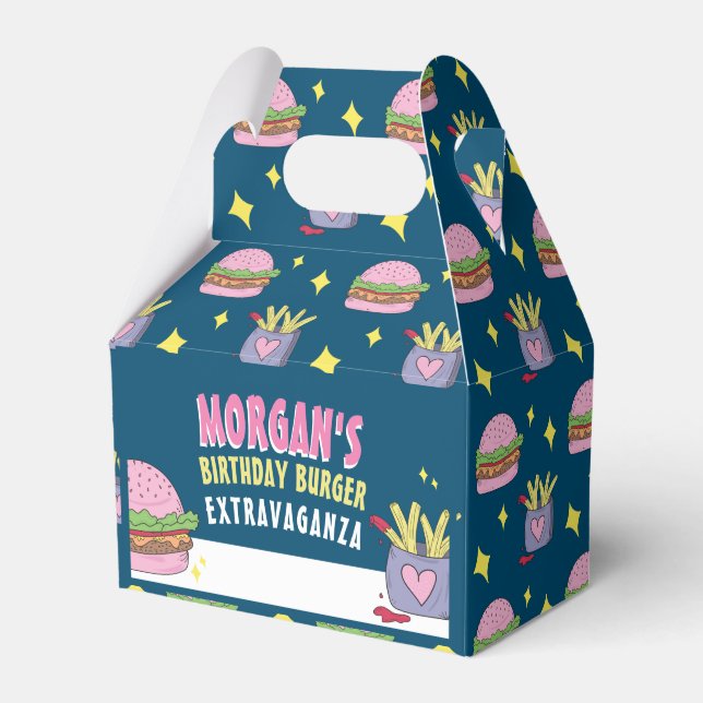 Whimsical Pink Burger and Fries Birthday Party Favor Boxes (Front Side)
