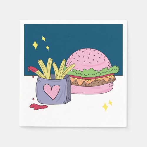 Whimsical Pink Burger and Fries Birthday Party Napkins