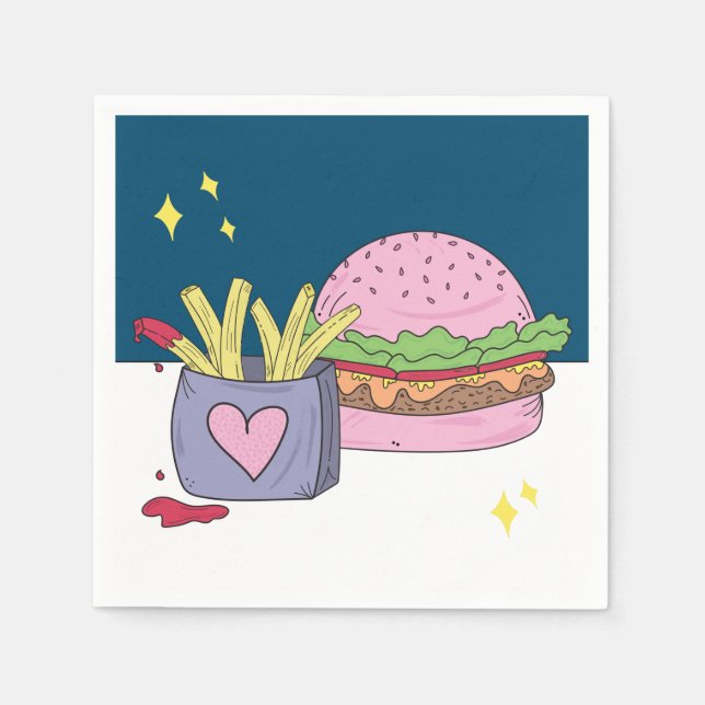 Whimsical Pink Burger and Fries Birthday Party Napkins (Front)