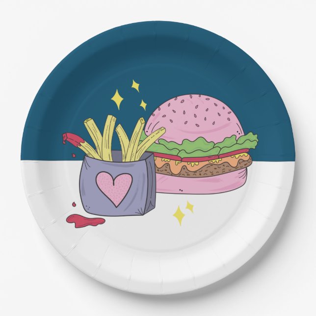 Whimsical Pink Burger and Fries Birthday Party Paper Plates (Front)