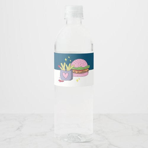 Whimsical Pink Burger and Fries Birthday Party Water Bottle Label