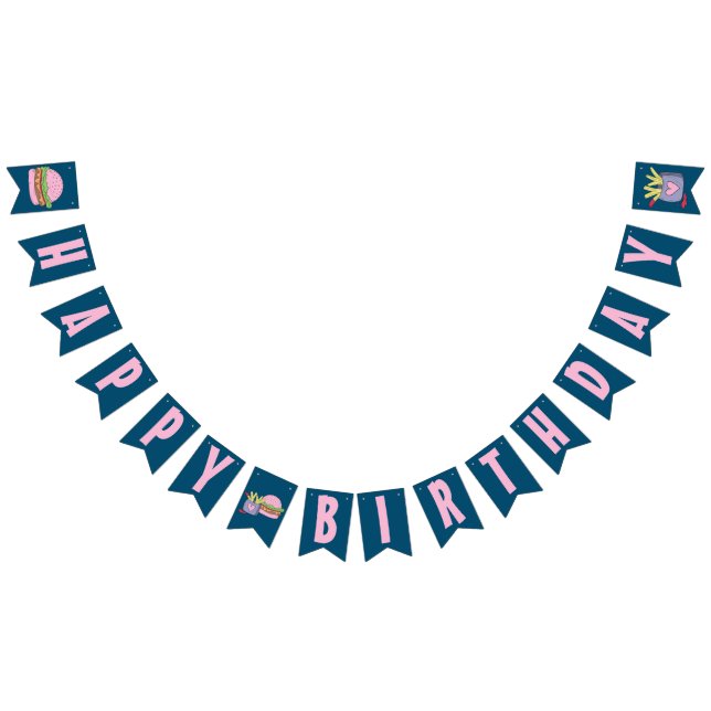 Whimsical Pink Burger and Fries Happy Birthday Bunting Flags (All)