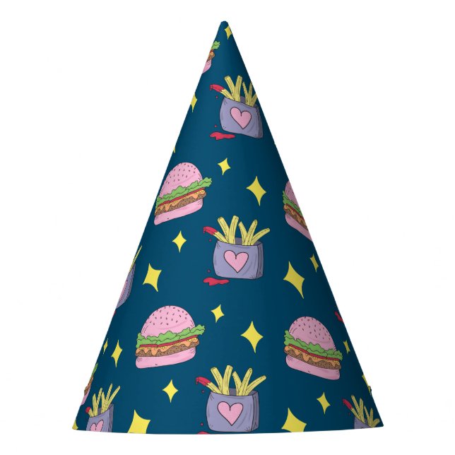 Whimsical Pink Burger and Fries Pattern Birthday Party Hat (Front)